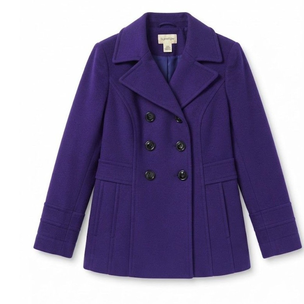 St Johns Bay Womens Purple Wool Cashmere Blend Pea Coat Jacket Large